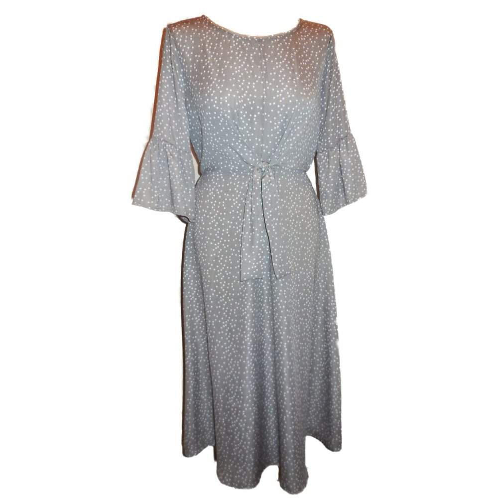 Dress MEDIUM NEW long fit-and-flare beige polka dot romantic 3/4 bell sleeve